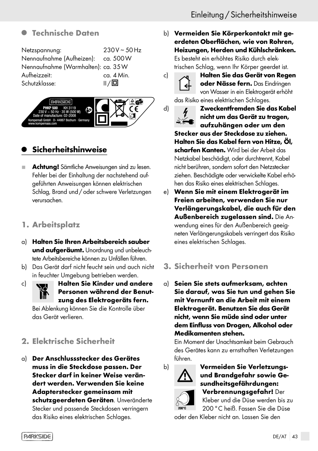 Kompernass PHKP 500 manual Einleitung / Sicherheitshinweise, Technische Daten, Arbeitsplatz, Elektrische Sicherheit 